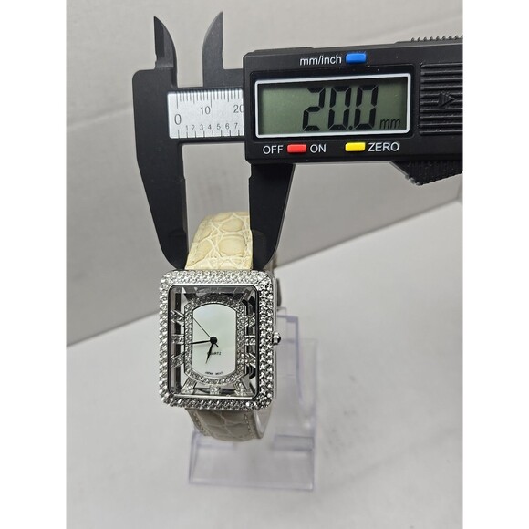 Adrienne Womens Rhinestone Open Square Watch Cream Croc Leather New Battery - Picture 6 of 12